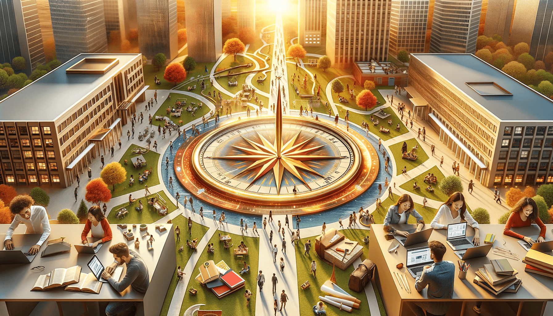 Modern campus scene with compass rose showing multiple career paths radiating outward