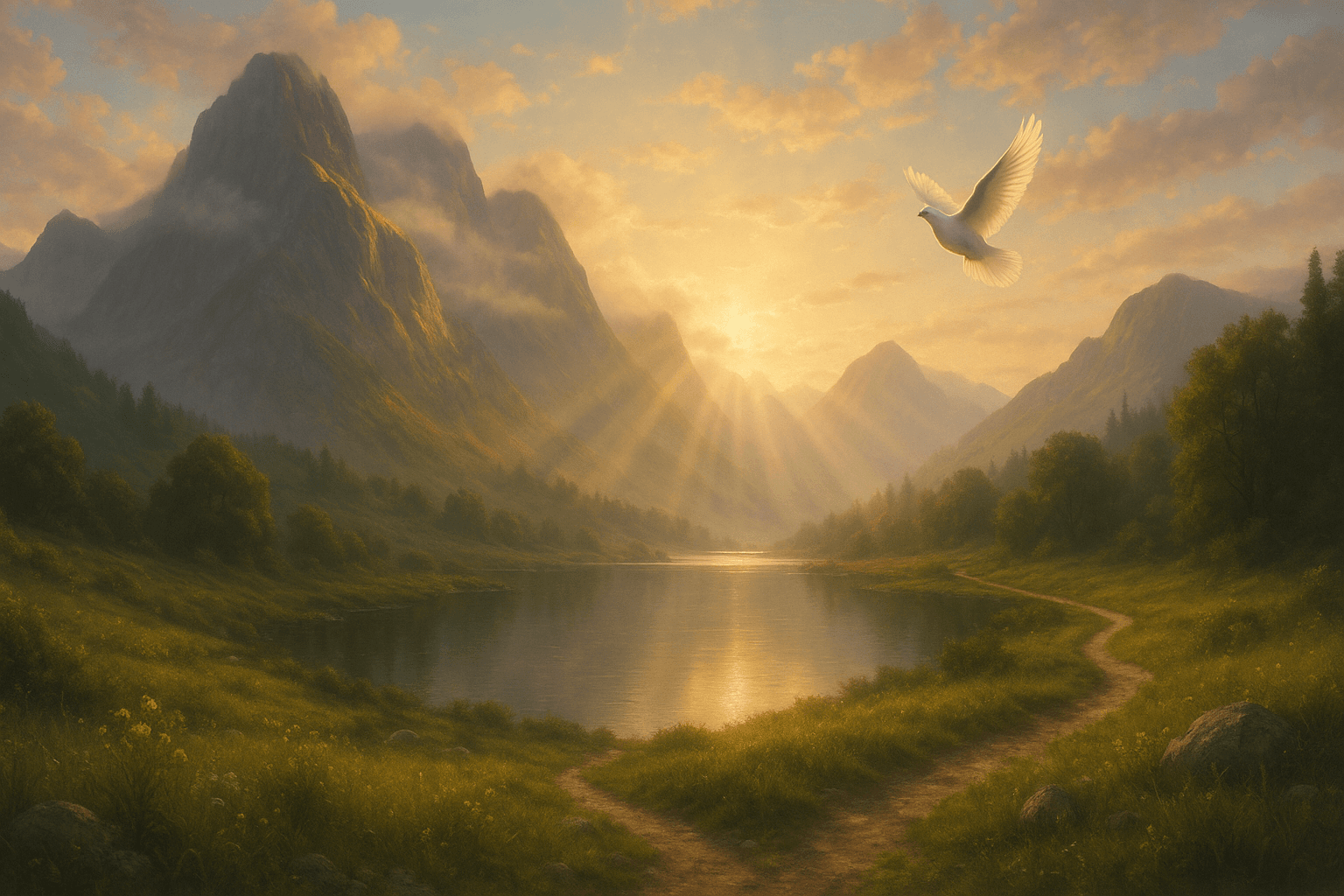 A serene mountain landscape at golden hour representing trust and peace in uncertain times