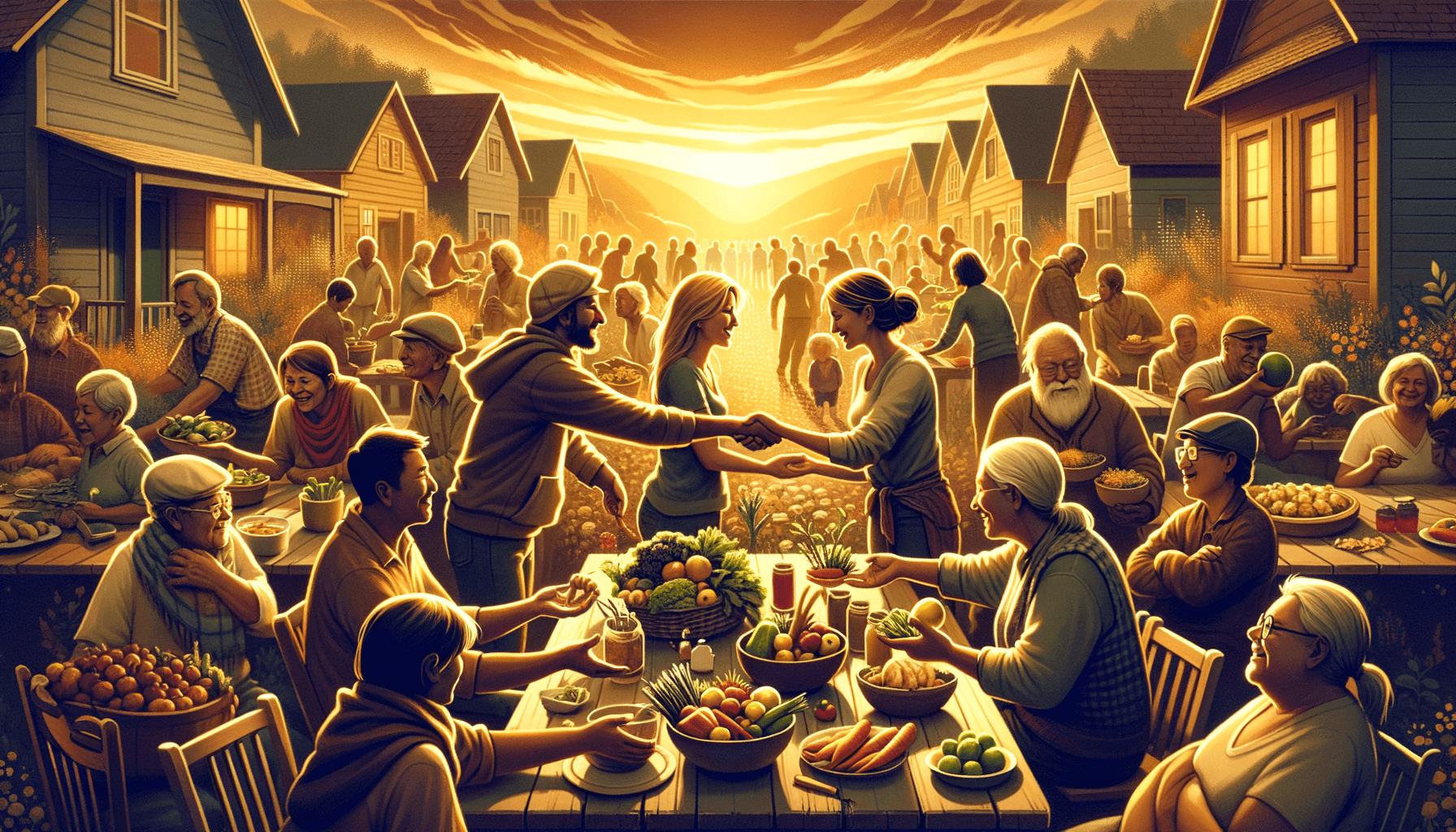 Warm community scene showing neighbors sharing resources and meals, depicting generosity during difficult times