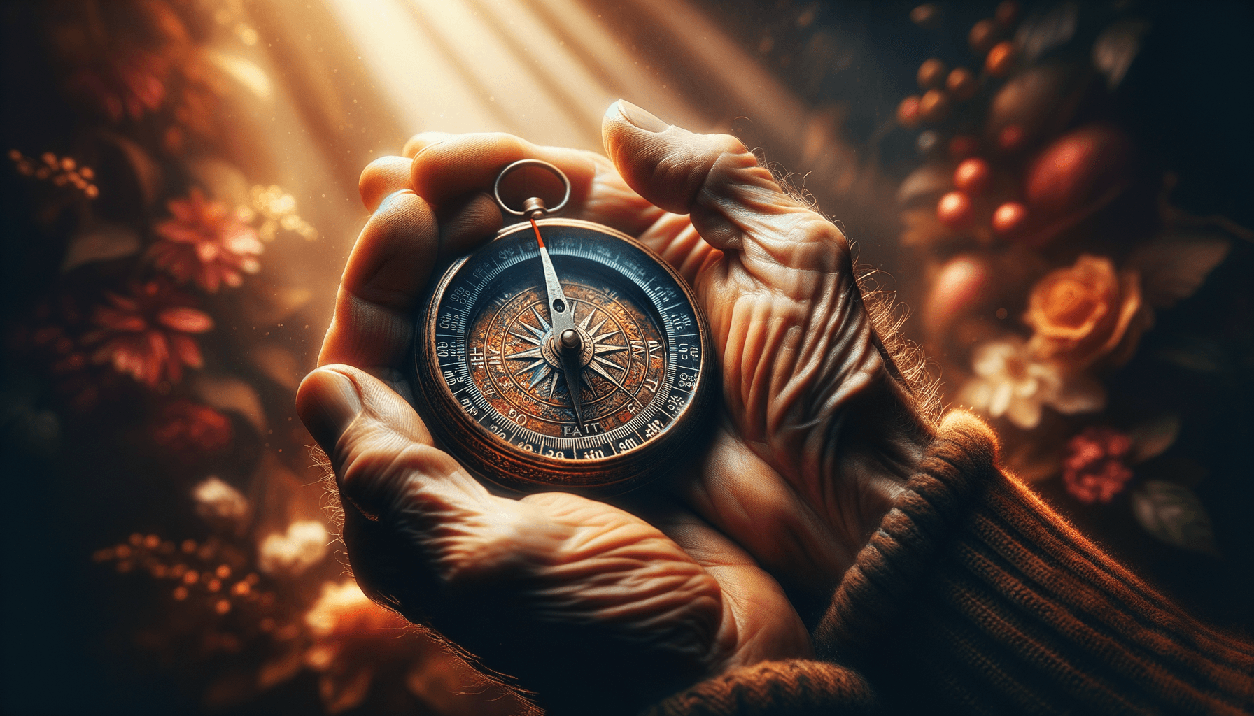 Close-up of weathered hands holding compass with blurred seasonal path in background