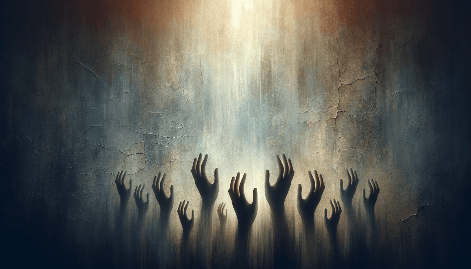 Abstract artistic image of prayer hands reaching upward against textured wall with light seeping through cracks